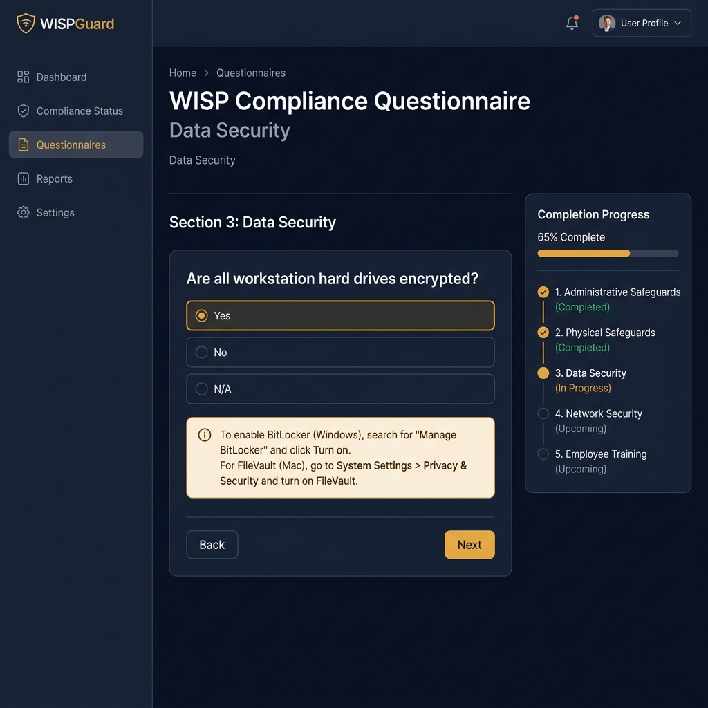 WISP Compliance Questionnaire Interface
